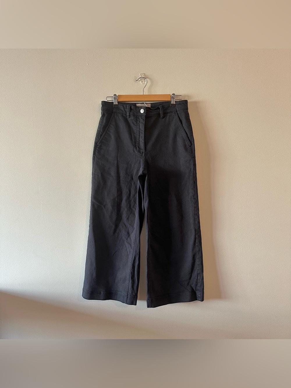 Everlane Wide Leg Crop Pants Navy Blue High Rise 4 Cotton Stretch Minimalist